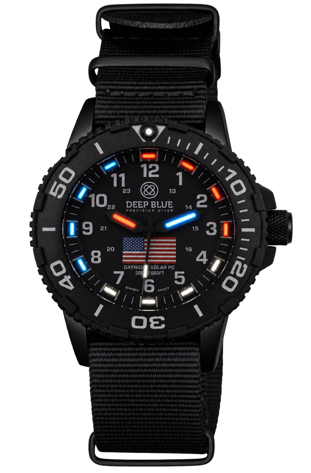 DayNight 43 Solar — Black/White Black White Flag Strap | Deep Blue