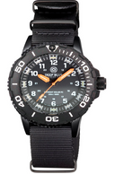 Daynight 43mm Diver Solar Powered PC Tritium Watch- Black White Bezel - Black Dial- White Numbers - Orange Hands 3 Color Wog Tritium Tubes Strap
