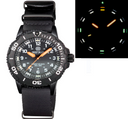 Daynight 43mm Diver Solar Powered PC Tritium Watch- Black White Bezel - Black Dial- White Numbers - Orange Hands 3 Color Wog Tritium Tubes Strap
