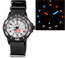 Daynight 43mm Diver Solar Powered PC USA Tritium Watch- Black/White Bezel - White Dial USA Flag 3 Color Tritium Tubes Wh