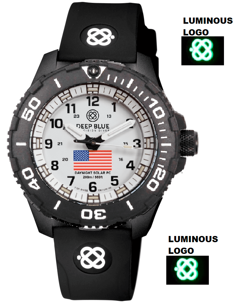 Black Silicon Strap With Luminous Deep Blue Logo & PVD Buckle