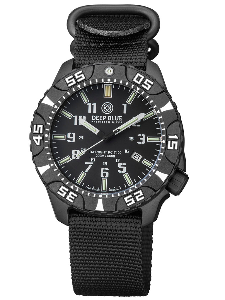 Nylon 1 Piece ZULU Strap All Black W/Deep Blue Logo