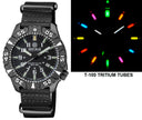 Daynight Diver PC Tritium Automatic Watch- Black/white Bezel - Black/white Dial 7 Color Tritium Tubes - Strap