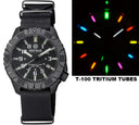 Daynight Diver PC Tritium Automatic Watch- Stealth Bezel - Black/white Dial 7 Color Tritium Tubes - Strap