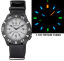 Daynight Diver PC Tritium Automatic Watch- Black/white Bezel - White Dial Multi Color Tritium Tubes - Strap