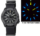 Daynight Diver PC Tritium Automatic Watch Stealth Bezel - Black/white Dial Blue/yellow Tubes Strap