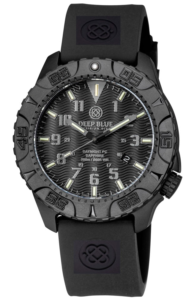 Black Silicon Strap With Black Deep Blue Logo & PVD Buckle