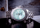 Daynight Ops Pro Tritium Automatic 46mm Stainless Steel Bezel Platinum Light Blue Mother Of Pearl Dial Bracelet -blue/yellow Tritium Tubes