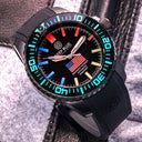 Daynight Patriot USA Black PVD Case Black Ceramic Bezel - Black Dial USA Flag Red,white, Blue Tritium Tubes T-100 Strap