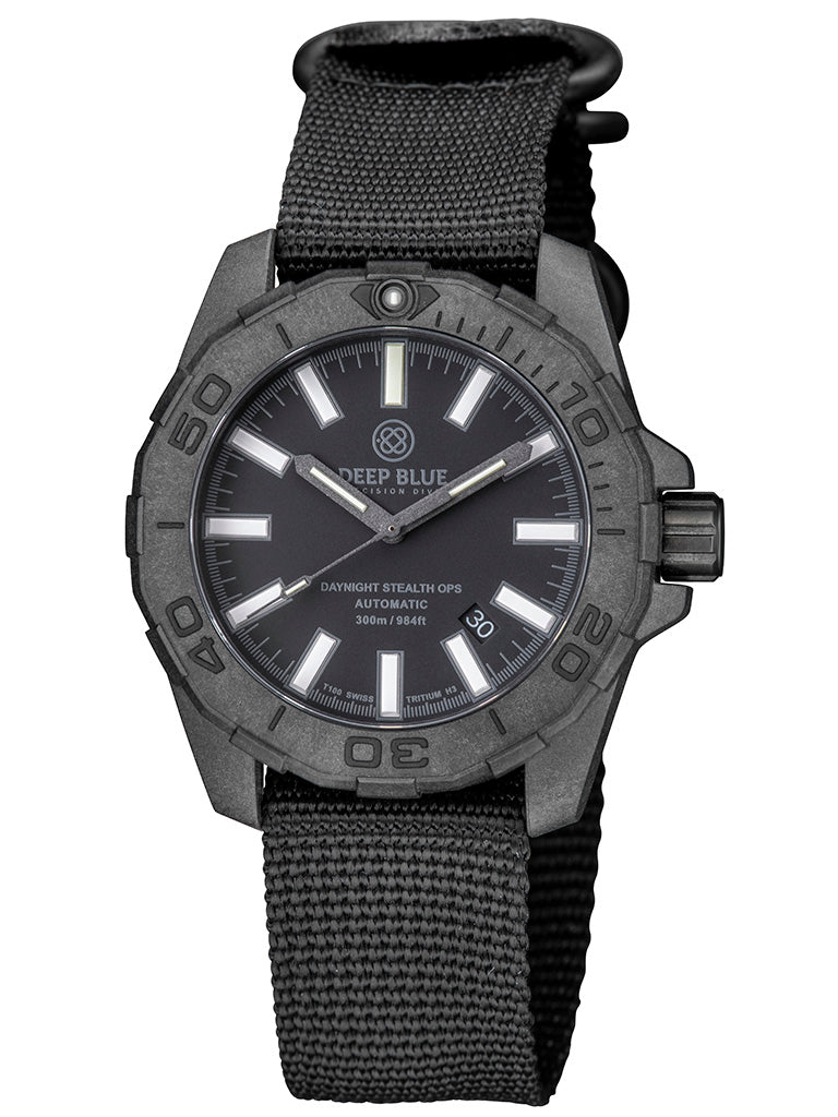 Nylon 1 Piece ZULU Strap All Black W/Deep Blue Logo