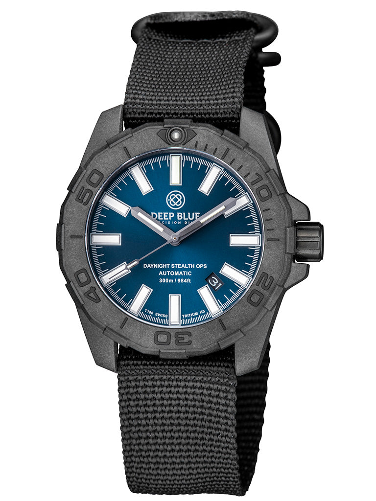 Nylon 1 Piece ZULU Strap All Black W/Deep Blue Logo