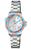 Ladies Diver –lizzy Blue– – Multi Rainbow Color Baguette Crystal Bezel - White Mother Of Pearl Dial