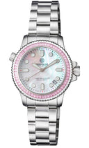 Ladies Diver –lizzy Blue– – Pink Baguette Crystal Bezel - White Mother Of Pearl Dial
