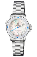 Ladies Diver –lizzy Blue– – White/blue Baguette Crystal Bezel - White Mother Of Pearl Dial