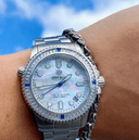 Ladies Diver –lizzy Blue– – White/blue Baguette Crystal Bezel - White Mother Of Pearl Dial