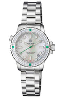 Ladies Diver –lizzy Blue– – White/green Baguette Crystal Bezel - White Mother Of Pearl Dial