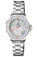 Ladies Diver –lizzy Blue– – White/red Baguette Crystal Bezel - White Mother Of Pearl Dial
