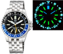 Master 2000 GMT Daynight T-100 Tritium Automatic Diver- Eta 2893-2 Swiss Made Movement Black/blue Bezel Black Dial Yellow GMT Hand Green Tubes