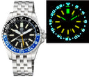 Master 2000 GMT Daynight T-100 Tritium Automatic Diver- Eta 2893-2 Swiss Made Movement Black/blue Bezel Black Dial Yellow GMT Hand Yellow Tubes