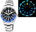 Master 500 42mm Daynight T-100 Tritium GMT Automatic Diver- Eta 2893-2 Swiss Made Movement Black/blue Bezel – Blue GMT Hand